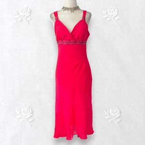 Vintage Early 2000's Bright Fuchsia Pink Beaded Asymmetric Flowy Midi Dress S